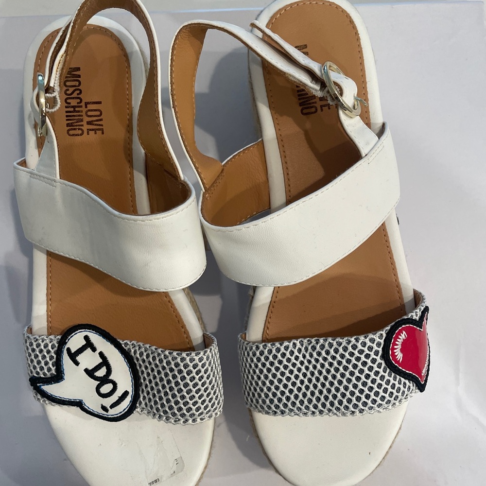 One of a kind Love Moschino “I Do” Red and White Sandals with Heart Accent